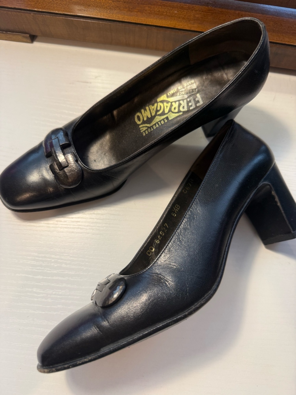 Salvatore Ferragamo Black Leather Mid Block Heel Pumps